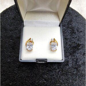 vintage new 14kt gold plate oval shaped cubic zirconia pierced earrings